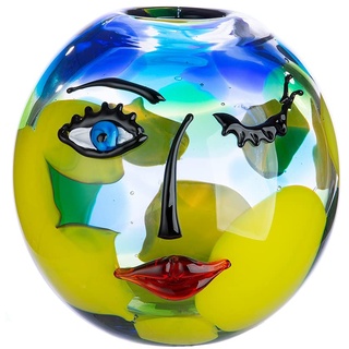 GILDE GLAS art Deko Vase - Gesichtsvase aus Glas - Kunstobjekt Kugelvase Blumenvase Glasvase - Farbe: Blau Gelb Höhe 24 cm Ø 25 cm