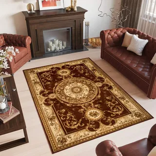 TAPISO Yesemek Teppich Klassisch Kurzflor Wohnzimmer Orientalisch Floral Ziegler Medaillon Muster Braun Beige Orientteppich Barock Design ÖKOTEX 160 x 220 cm