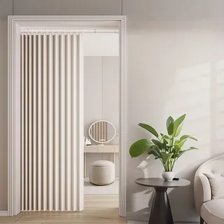 Icegrey Magnetischer Türvorhang für Türen, Leinen, Akkordeon-Stil, Türvorhänge für offenen Schrank, Schlafzimmer, Verdunkelung Falttürabdeckung für Tür, 1 Vorhang, Beige 2color