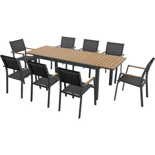 Gartenmöbel-Set aus Aluminium und Polywood für den Essbereich – ausziehbarer Tisch, Länge 170/230 cm, und 8 stapelbare Stühle – Naturfarben... - Dunkelgrau