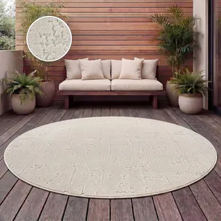 Paco Home Teppich Outdoor Wetterfest, Moderne abstrakte Boho Designs mit 3D Struktur, Pflegeleicht, ideal für Terrasse Wohnzimmer & Küche, Grösse:160 cm Rund, Farbe:Creme 9