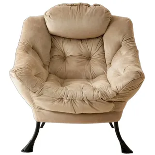 OKWISH Loungesessel mit Hocker Khaki 96x79x62 cm mit Armlehnen Kopfkissen Seitentasche klappbarer Fußstütze Metallgestell Stoffbezug