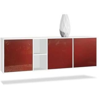 Vladon Sideboard Cuba (Kommode, mit 3 Türen und 2 offene Fächer), Weiß matt/Bordeaux Hochglanz (182 x 53 x 35 cm) rot