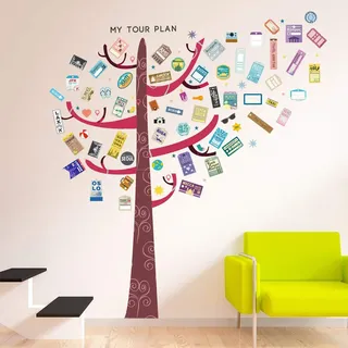 Walplus Wandaufkleber bunter Baum mit Kofferanhängern, entfernbar, selbstklebend, DIY, Dekoration für Heim/Restaurant/Wohnzimmer/Schlafzimmer, 160 x 180 cm, Mehrfarbig