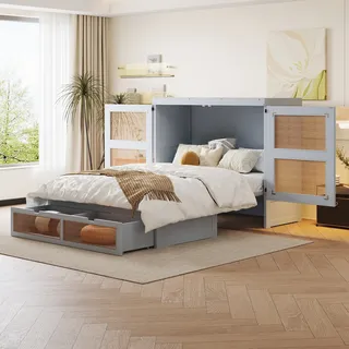 Klappbett 140 X 200 Cm – Mit Lattenrost Und Schubladen – Rattan-design – Grau