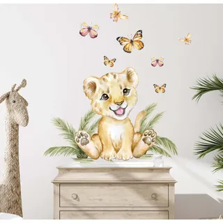 WANDKIND Löwe & Schmetterlinge V357 Wandtattoo Kinderzimmer | handgezeichnet | AUFKLEBER Kindergarten | Wandsticker Babyzimmer Leo mit Sterne Löwen Schmetterling Safari (60 x 60 cm)