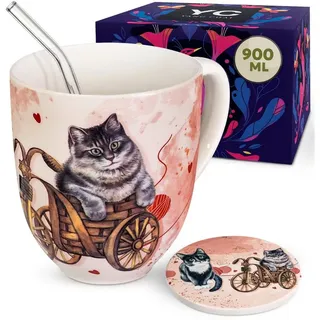 Yang Chai Tasse Jumbotasse 900ml - große Teetasse - XXL Tasse mit Untersetzer, Porzellan, 4-teiliges hochwertiges Geschenkset mit Katzen Motiv