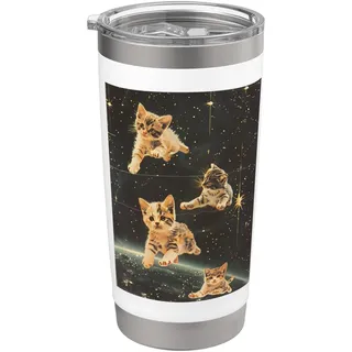 Niedliche Kätzchen, Katze im Weltraum, lustig, Retro-Kunst, Vintage Doppelwandiger Edelstahl-Thermobecher