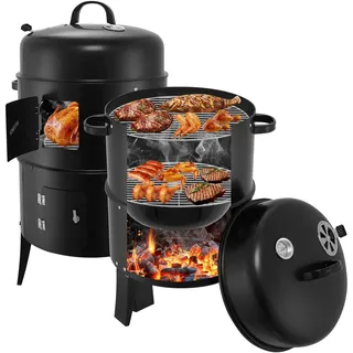 Dibaful 3 IN 1 Holzkohlegrill Smoker Räucherofen Grill mit Thermometer und Regulierbarem Luftabzug am Deckel | Räuchertonne Wasserschale zum Dampfgaren Holzkohle Grill mit Kohleschale Ascherost