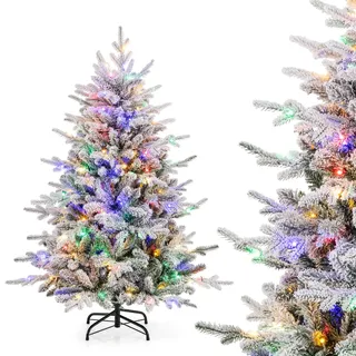 COSTWAY 146cm Künstlicher Weihnachtsbaum, beflockter Tannenbaum mit 160 mehrfarbigen LED-Lichtern, 8 Lichtmodi & 436 Zweigspitzen, beleuchteter Christbaum für Zuhause, Geschäft & Büro