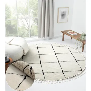 MY-RUG Hochflor Teppich rund 240 cm Rautenmuster Shaggy Skandinavisch | Kuscheliger Wohnzimmerteppich, flauschig & pflegeleicht, eingefasste Kante, moderner Teppich | Vilma Weiß