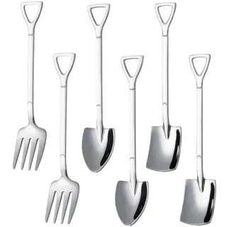 JZK 6 x Edelstahl-Schaufel-Set, Dessert-Besteck-Set, lustiges Kuchen- und Eislöffel, witziger Tee- und Kaffeelöffel, Scherzgeschenk für Gärtner und Gärtner