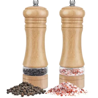 Salz und Pfeffermühle 2er Set aus Holz - Manuelle Pfeffer und Salzmühle mit Acrylfenster - Groß Gewürzmühle Grinder mit Verstellbarem Keramikmahlwerk (16,5cm) - Salz Pfefferstreuer für Meersalz, Chili