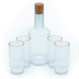 Intirilife Glaskaraffen Set Karaffe mit Korken und 4 Gläsern mit goldenen Rand - Karaffe 1.7 Liter  - Gläser 260 ml - Kristall Krug Karaffe Trink Glas