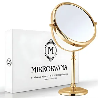 Mirrorvana Großer Kosmetikspiegel, Doppelseitig 10X/1X, 38 x 20 cm (Gold) | Eleganter Standspiegel 10-fach – großer Schminkspiegel & Tischspiegel für präzises Make-up und Styling im Bad & Schlafzimmer