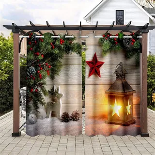 Hiseng wasserdichte Vorhänge Outdoor, Weihnachten Tannenblätter 3D Drucken Outdoorvorhänge 2 Stück Verdunkelungsvorhang Blickdicht mit Ösen Sichtschutz Vorhang (137x243cm,Rot Beeren)