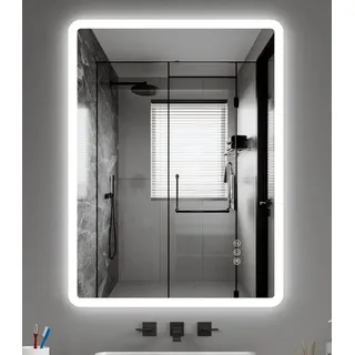 JDONG Badspiegel mit Beleuchtung LED Wandspiegel Durchmesser 80-150cm (Badezimmerspiegel 80*60\100*60\120*70\150*70\150*90cm, Touch-Schalter IP44 Bad Spiegel mit licht beleuchtet 3 Lichtfarben), Dimmbar, Memory-Funktion, Spiegelheizung,Antibeschlag Ø 80 cm x 60 cm