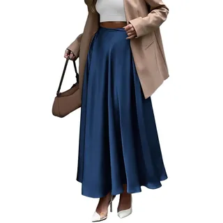 EMOTTOS Damen Silk Rock, Seidenrock Lang Satin Maxi Rock, Satin Rock Lang Wickel-Hüfte High Waist für Business Sommer Hohe Taille Midi Reißverschluss Rock A Linien Solide Farbe, Schwarz/Blau S-XL - M