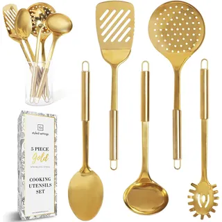 Styled Settings Gold Küchenhelfer Set aus Edelstahl, 5-teilig zum Kochen | Servierlöffel, Spaghettilöffel, Pfannenwender, Schaumlöffel & Schöpfkelle, Küchenzubehör