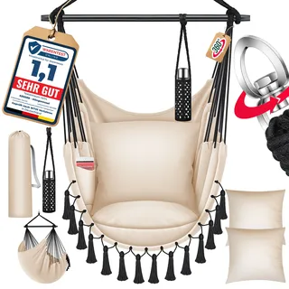 KESSER® Hängesessel mit 2 Kissen Getränkehalter & Bücherfach - Safari XXL Hängestuhl für Erwachsene & Kinder Hängematte bis 150 kg Hängesitz Aufhängung Indoor & Outdoor Wohn & Garten Terrasse
