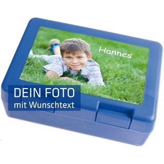 Brotzeitbox blau - 185 x 128mm - individuell mit Foto Bild & Text bedruckt - personalisiert - Brotbüchse für Schule, Kita, Picknick, Kindergarten - Brotdose für die Kinder - Vesperbox Lunchox