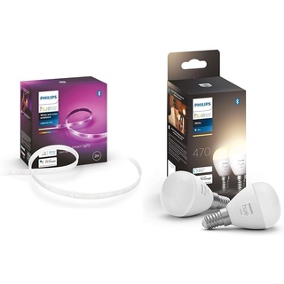 Philips Hue White & Color Ambiance Lightstrip Plus Basis-Set V4 2 m & White E14 Luster Doppelpack 2x470lm, dimmbar, warmweißes Licht, steuerbar via App, kompatibel mit Amazon Alexa Echo, Echo Dot
