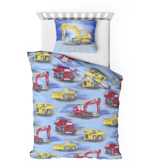 Träumschön Biber Bettwäsche Set 2tlg 135x200 cm + 80x80 cm – Flauschige Kinderbettwäsche Jungen – Weiche Winterbettwäsche mit Baufahrzeugen - Atmungsaktiv, Warm & Hautfreundlich - 100% Baumwolle