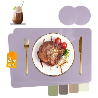 HELI MIAO Tischsets Abwaschbar,Platzsets Abwischbar,Tischset Leder,Hitzebeständig Doppelseitigen I 2er Set Platzdeckchen Lederoptik mit Untersetzer,Tischuntersetzer,Platzdecken violett
