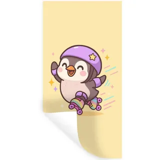 MuchoWow Wandsticker Pinguin - Rollschuhe - Gelb - Energetisch (1 St), Wandaufkleber, Repositionierbar, Selbstklebend, 40x80 cm 40 cm x 80 cm x 0.1 cm