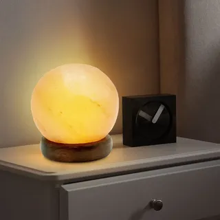 Nachttischleuchte Tischlampe Beistellleuchte Holz LED Kugel Deko Salzkristall