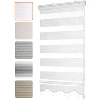 Doppelrollo Klemmfix, Fenstergardinen mit Perlen, Alpinaweiß, Bailena, Lichtschutz, ohne Bohren, freihängend, Klemmfix, Duo Rollos mit Volant Bordüre, Seitenzugrollo weiß 60 cm x 200 cm