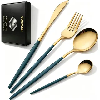 16 Teiliges Besteck Grün Gold,Edelstahl Besteck Gold Grün 4 Personen | Elegantes Essbesteck Set mit Messer / Gabel / Löffel / Teelöffel(Handwäsche empfohlen)