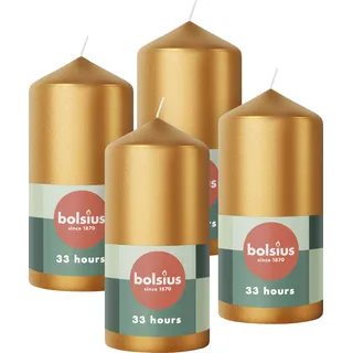 Bolsius Glatte Stumpenkerzen - Metallic Gold - 4 Stück - 12 x 6 cm - Dekorative kerzen - Länge Brenndauer 33 Stunden - Unparfümierte - Enthält Natürliches Pflanzenwachs - Ohne Palmöl
