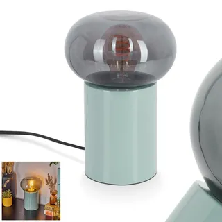 Tischleuchte Tati, moderne Nachttischlampe aus Metall/Glas in Türkis/Rauchfarben, runde Tischlampe im Retro-/Vintage Design, Ø 15cm, Höhe 22cm, m. An-/Ausschalter am Kabel, 1 x E27, ohne Leuchtmittel
