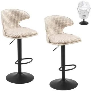 FurniSoar Outdoor Barhocker 2er-Set, 360° drehbare Terrassen-Barhocker mit Verstellbarer Höhe und wasserdichter Schutzhülle, wetterfester Textilene-Stoff, Leinen-Karomuster