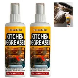 Grease Killer Spray- 120ML, Greasekiller Grillreiniger Extra Stark, Backofenreiniger & KüChenreiniger, Gegen Eingebranntes Fett & öL, Backofen Herdplatte Grill(2 Flaschen)
