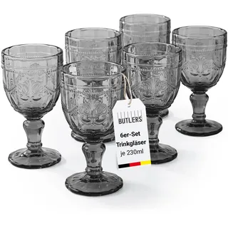 BUTLERS VICTORIAN Weingläser, 6er-Set mit Stiel, 230 ml | Grau, Trinkgläser Set, mundgeblasen, mit Stiel & Relief-Prägung, spülmaschinenfest, für Tisch, Garten & Party