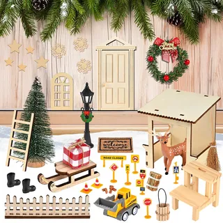 Herboom Wichteltür Set, 42 Stück Wichteltür Zubehör Weihnachten Set | Wichteltür Komplettset, Mini Baustelle & Einzug Deko, Weihnachtswichtel Zubehör für DIY-Dekoration, Geschenk für Kinder