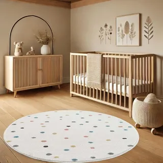 payé Teppich Rund Kinderzimmer - Cream - 120x120cm - Spielteppich Bunte Punkte Kurzflor Kinderteppich - Oeko-Tex Standard 100