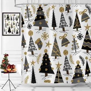 Hnmdmyi Duschvorhang Weihnachten 150x180, Schwarz und Gold Weihnachtsbaum Sterne Winter Schneeflocke Urlaub Bauernhaus Badewanne Vorhang Wasserdicht Polyester Stoff Waschbar Badevorhang mit Haken