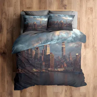 Generisch 135x200 Bettwäsche New York Bettbezug - 2tlg, 1 Kissenbezug 80x80, Stadtbild Skyline Muster, Schlafzimmer Deko, Weiche Mikrofaser Wendebettwäsche mit Reißverschluss [N1014]