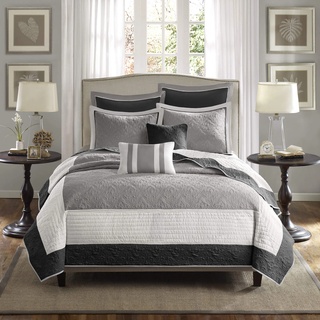 Madison Park Attingham Wende Set – luxuriöses Damast-Steppdesign Ganzjährig, Leichter Bezug, gemütliche Bettwäsche, passende Kissenbezüge, dekorative Kissen, Polyester, schwarz, Full/Queen x 90 in