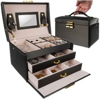 Beautylushh Schmuckkasten Schmuckkasten mit Schloss Spiegel und Schubladen Satinoptik (Einzel Schmuckkasten mit Spiegel Schloss und Schubladen, Schmuckkasten mit Spiegel Schloss und zwei Schubladen), Abschließbar mit Schlüssel Weich ausgekleideter Innenraum schwarz