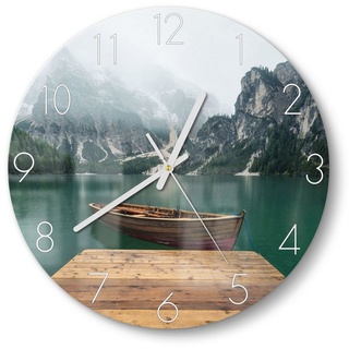 DEQORI Wanduhr 'Bergsee und Bootsteg' (Glas Glasuhr modern Wand Uhr Design Küchenuhr) beige|grün 30 cm x 30 cm