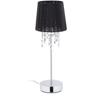 Relaxdays Tischlampe Kristall, Lampenschirm aus Organza, runder Standfuß, Nachttischlampe, HxD 41x14,5cm, schwarz/silber