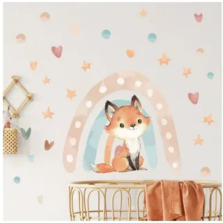 Montegoni Wandtattoo Kinder Tier Wandsticker Dekoration (Fuchs Regenbogen,Herz,Sterne Wanda uf kleber, abnehmbar für Kinderzimmer), Wandtattoo mit Waldtieren für Schlafzimmer,Kinderzimmer