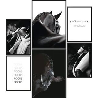Papierschmiede® Mood Poster Set Reitsport, Bilder Wohnzimmer Deko Schlafzimmer, 2x 30x40cm und 4x 21x30cm, Pferd Reiten Jockey schwarz-weiß - ohne Rahmen