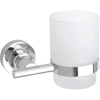 tesa LUUP Zahnputzbecher mit Halterung - 120 mm x 95 mm x 100 mm | Zahnbürstenhalter zur Wandbefestigung ohne Bohren - aus satiniertem Glas und verchromtem Metall - inkl. Klebelösung