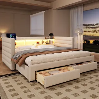 Bett Daybett 90x190 Ausziehbett Stauraum Samt Beige Havrya