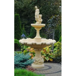 Casa Padrino Barock Springbrunnen Beige Ø 135 x H. 230 cm - Prunkvoller Gartenbrunnen im Barockstil - Runder Gartendeko Stein Brunnen - Barock Garten Deko Accessoires